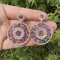 18k Yellow Gold Pear & Round Amethyst w/ Diamond Large Round Concentric Earrings