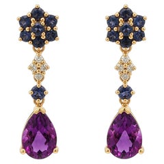 14k Yellow Gold 4.42ctw Year Drop Amethyst Iolite & Diamond Dangle Drop Earrings