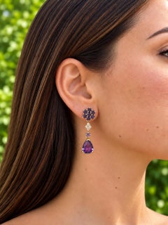 14k Yellow Gold 4.42ctw Year Drop Amethyst Iolite & Diamond Dangle Drop Earrings