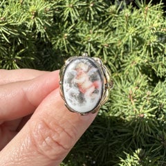Antique Arts & Crafts Yellow Gold Porcelain Hand Painted Cherub Angel Ring