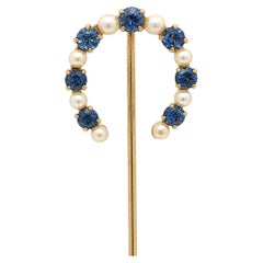 Antique Yellow Gold GIA Yogo Gulch Sapphire w/ Seed Pearls Horseshoe Stick Pin