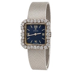 Vintage Omega 18k White Gold & 1.28ctw Diamond Blue Dial Square Watch Bracelet