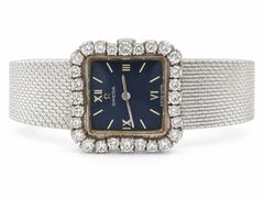 Vintage Omega 18k White Gold & 1.28ctw Diamond Blue Dial Square Watch Bracelet