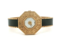 Bracciale vintage per orologio Buccellati Oktachron in oro 18 carati e pelle nera, rif. 1002