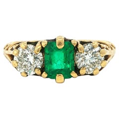 Antique TB Starr Yellow Gold GIA No Oil Emerald Old European Diamond Sides Ring