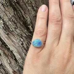 14k Yellow Gold Free Form Doublet Opal Framed In Diamonds Dainty Ring