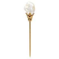 Antique Yellow Gold Baroque Pearl in Ornate Basket Stick Pin