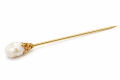 Antique Yellow Gold Baroque Pearl in Ornate Basket Stick Pin