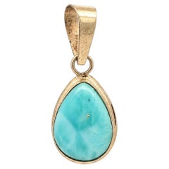 14k Yellow Gold Pear Cabochon Larimar Tear Drop Dainty Charm Pendant