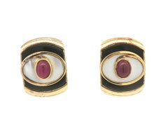 Kylo Silver Gold Plated Oval Cabochon Ruby Black Onyx & MOP Eye Earrings