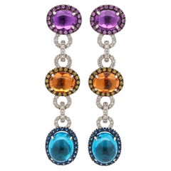 18k White Gold Citrine Blue Topaz Amethyst Diamond Sapphire Long Dangle Earrings