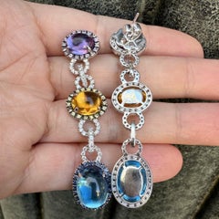 18k White Gold Citrine Blue Topaz Amethyst Diamond Sapphire Long Dangle Earrings