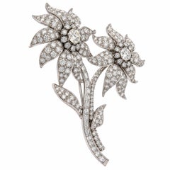 Vintage Mid Century Platinum Old Diamond 14.07ctw Large Twin Flower Pin Brooch