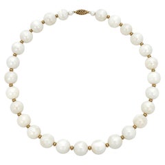 17" Round White Jasper Bead Strand Necklace Solid Yellow Gold Filigree Clasp
