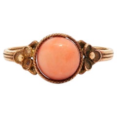 Antique Handmade Yellow Gold Coral Floral Design Shoulders Low Profile Ring