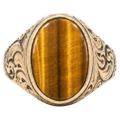 Antique Victorian Rosy Yellow Gold Bezel Tiger's Eye Scroll Repousse Work Ring