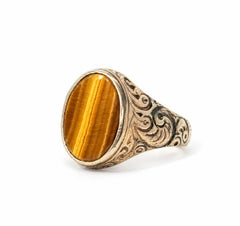 Antique Victorian Rosy Yellow Gold Bezel Tiger's Eye Scroll Repousse Work Ring