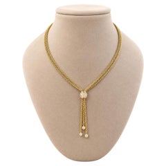 Vintage 18k Gold 4 Strand Cable Link Necklace w/ Diamond Tassel Lariat Pendant