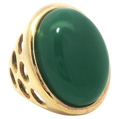 Gold Tone Large Cabochon Green Stone Open Work Sides Full Finger Ring