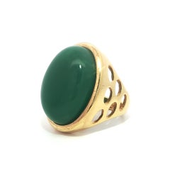 Gold Tone Large Cabochon Green Stone Open Work Sides Full Finger Ring