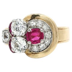 Vintage Early Retro Gold Platinum GIA Burma Ruby Diamond Buckle Style Band Ring