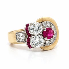 Vintage Early Retro Gold Platinum GIA Burma Ruby Diamond Buckle Style Band Ring