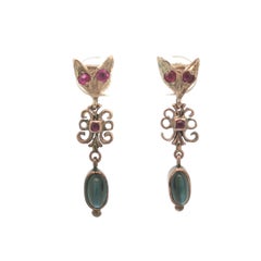 Boucles d'oreilles pendantes vintage de style victorien, en or, avec rubis et saphirs de Birmanie certifiés GIA, non traités thermiquement