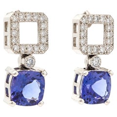 White Gold 4.66ctw GIA Square Cushion Tanzanite Diamond Top Dangle Drop Earrings
