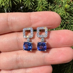 White Gold 4.66ctw GIA Square Cushion Tanzanite Diamond Top Dangle Drop Earrings