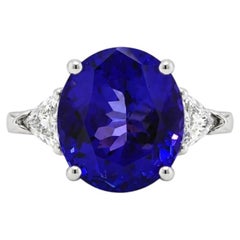 Platinum 6.5ctw GIA Oval Violetish Blue Tanzanite w/ Trillion Diamond Sides Ring