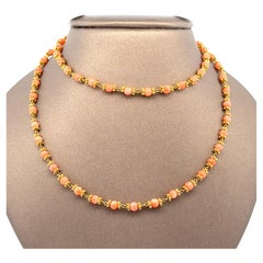 22k Yellow Gold Beads & Natural Coral 24" Long Chain Necklace w/ Hook Clasp