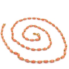 22k Yellow Gold Beads & Natural Coral 24" Long Chain Necklace w/ Hook Clasp