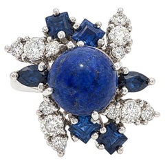 Vintage White Gold Round Cabochon Lapis w/ Sapphire & Diamond Spray Ring