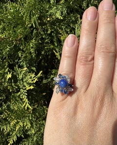 Vintage White Gold Round Cabochon Lapis w/ Sapphire & Diamond Spray Ring