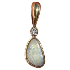18k Yellow Gold Freeform Boulder Opal w/ Diamond Bezel Dainty Charm Pendant