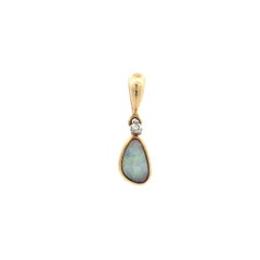 18k Yellow Gold Freeform Boulder Opal w/ Diamond Bezel Dainty Charm Pendant