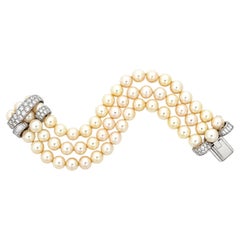 Vintage Mid Century 3 Strand Pearl Bracelet 4.5ctw Diamond Platinum & Gold Clasp