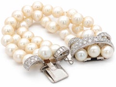 Vintage Mid Century 3 Strand Pearl Bracelet 4.5ctw Diamond Platinum & Gold Clasp