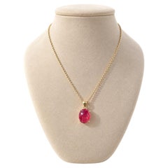 18k Gold 7.36ct Oval Cabochon Ruby Solitaire Pendant Adjustable Chain Necklace