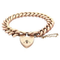 Antique Victorian 9k Rosy Yellow Gold Curb Link Bracelet Heart Lock Clasp