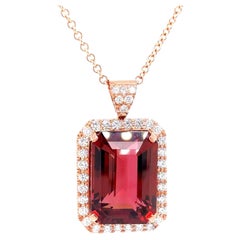 Rubellite Emerald Cut Tourmaline & Diamond Pendant 30.75 carats 18K RG. GIA Cert