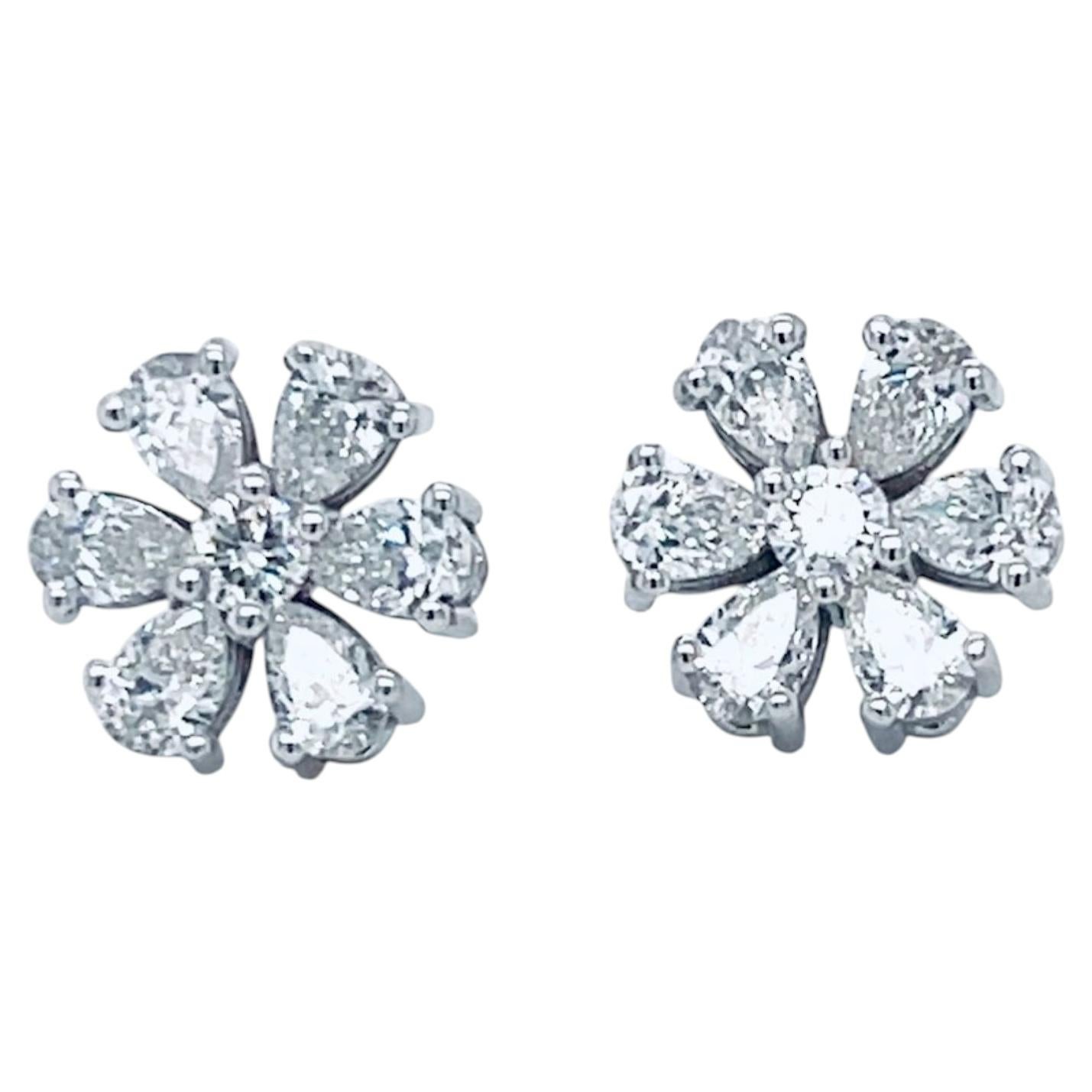 Diamant-Ohrringe in Birnenform und runder Blume 1,40 Karat D-F Farbe VVS/VS 18KWG