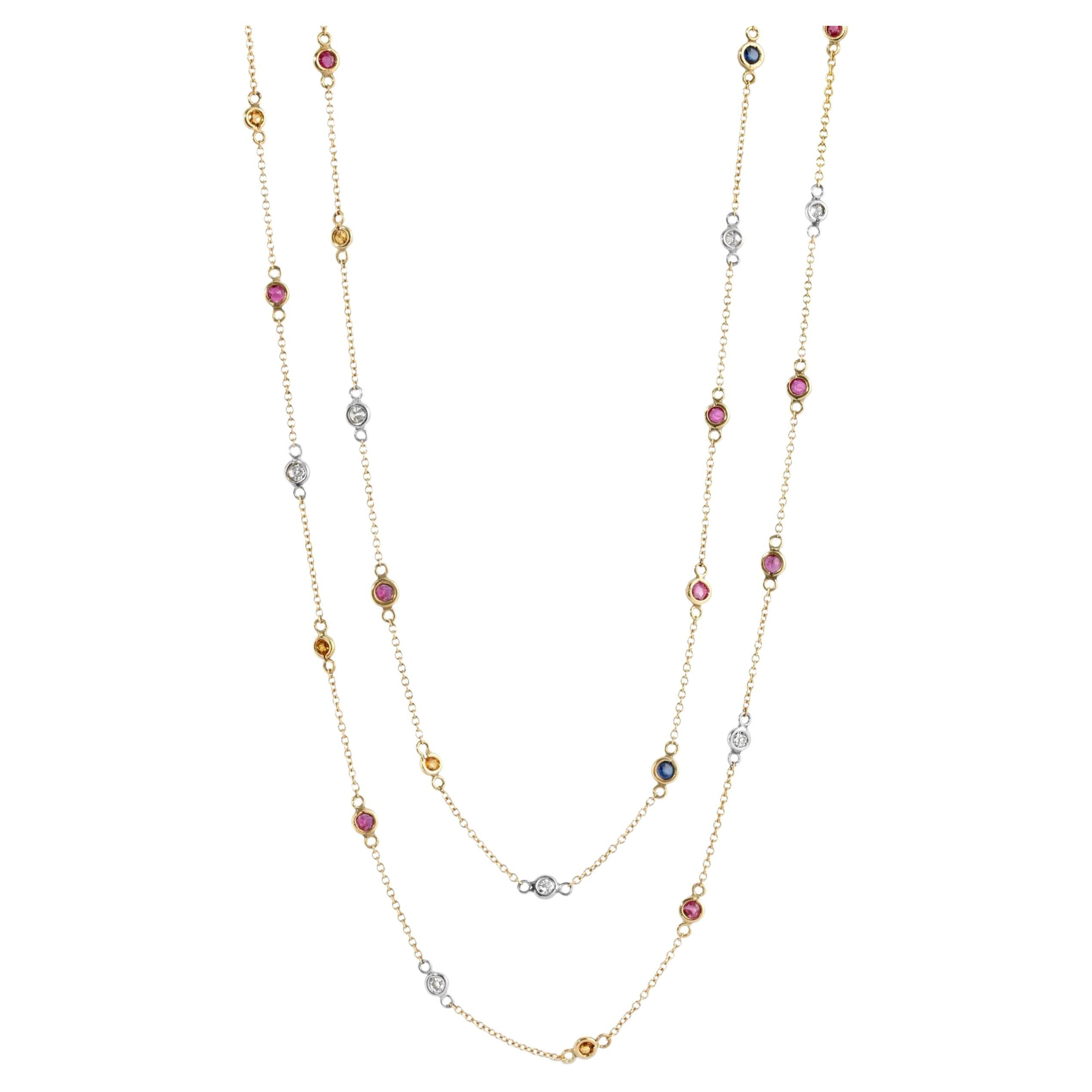 Diamond and Multi Color Gemstone Necklace 18k Yellow Gold For Sale