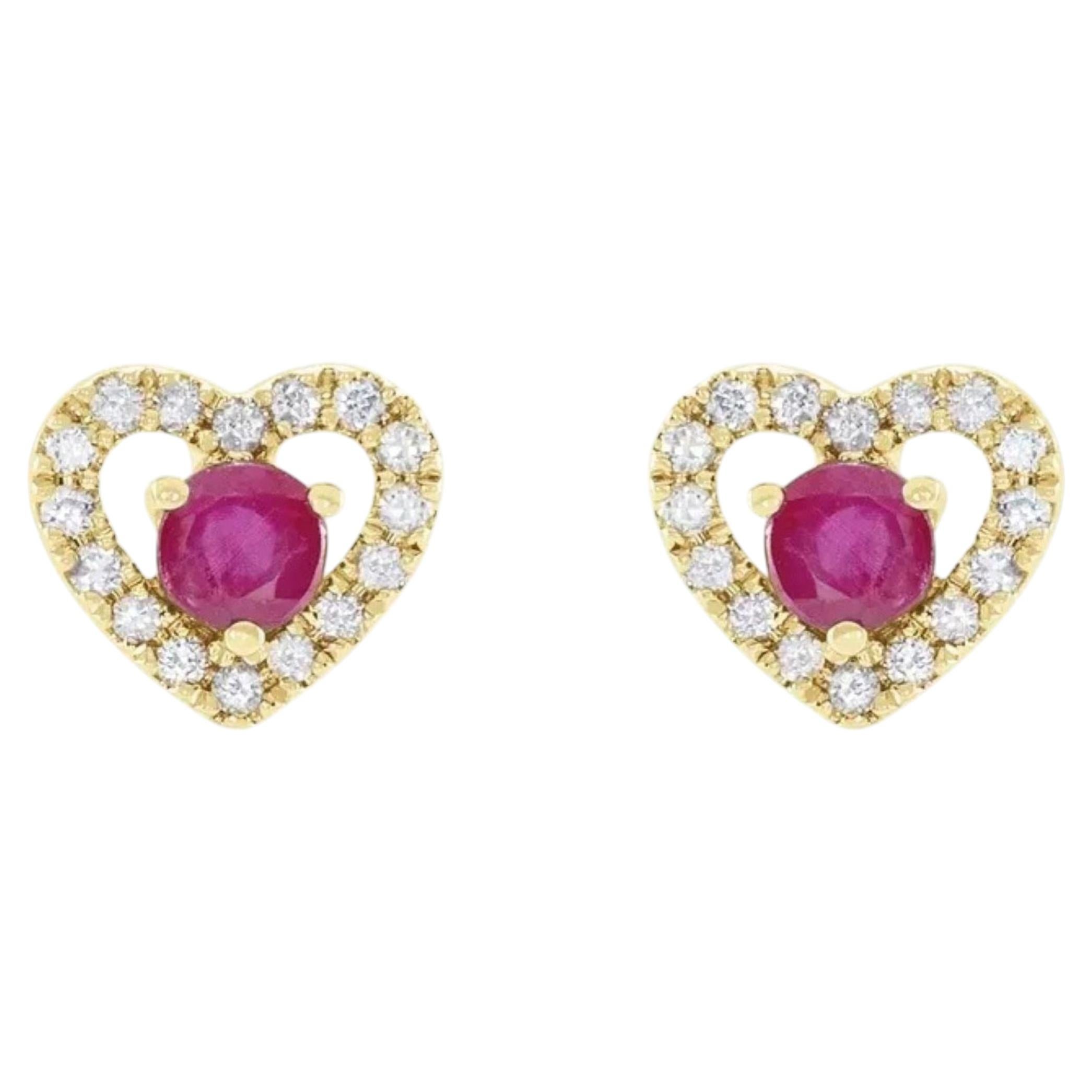 14K Yellow Natural Ruby & 1/10 CTW Natural Diamond Heart Earrings