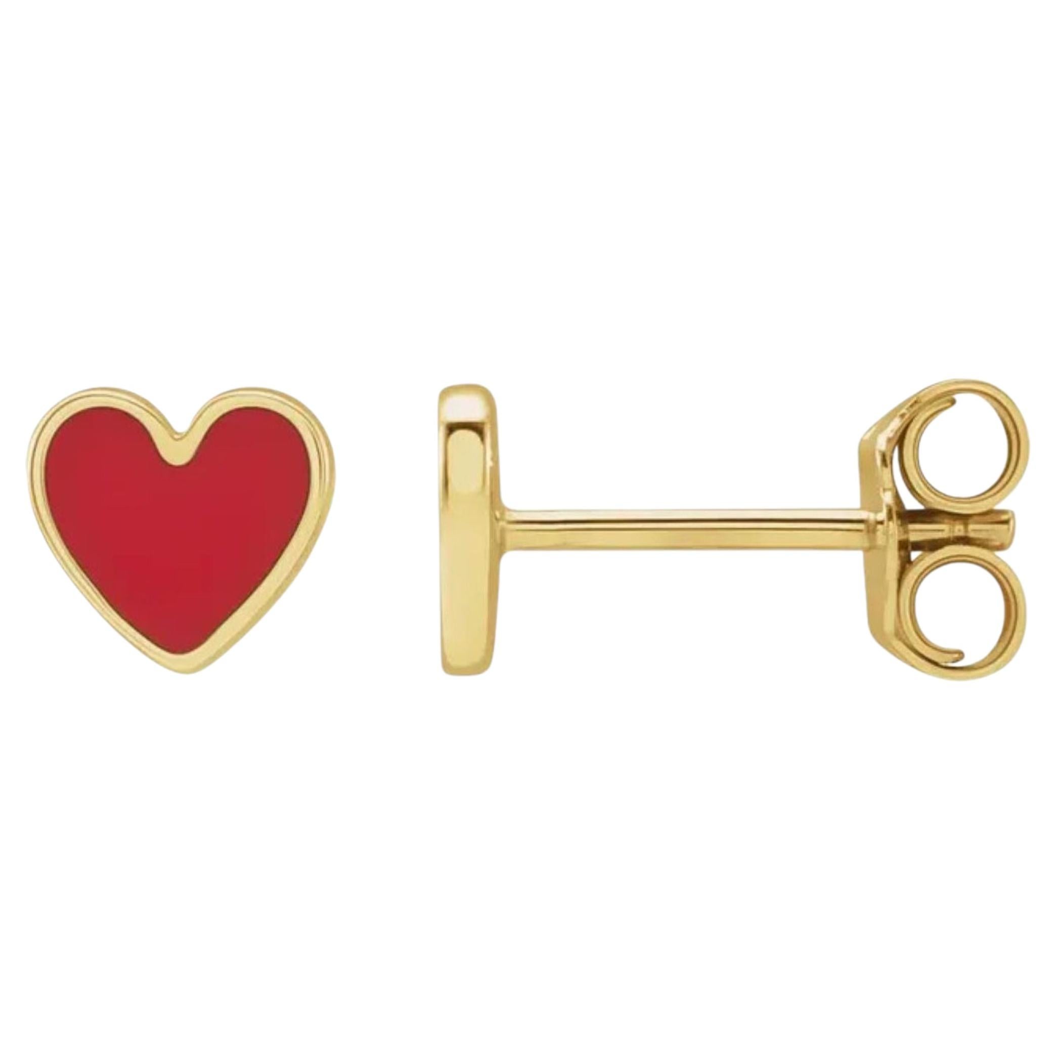 Heart Stud Earrings in14K Yellow Gold Red Enameled 5.9x5.5mm