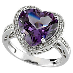 Natural Heart Amethyst and Diamond Ring 14K White Gold