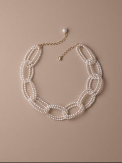 Beaded Chocker Multi Strand Necklace White Pearl and Gold Chain 18K