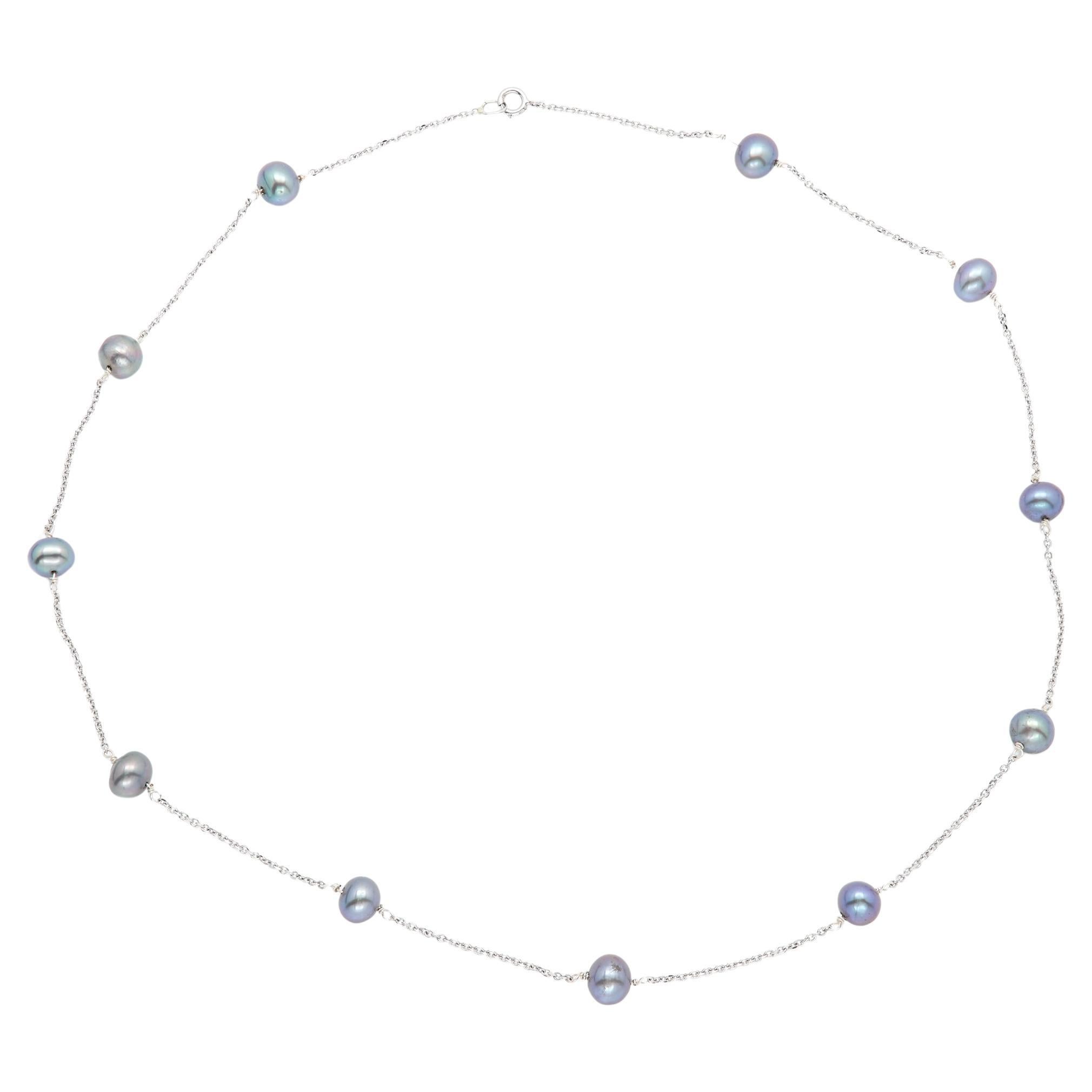 Grey Pearls Wired Necklace 14 Karat White Gold Pearl Chain Necklace