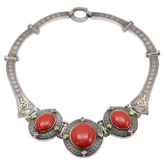 Coral Necklace Gothic style and Bracelet Set Vintage Red stones Sterling Silver