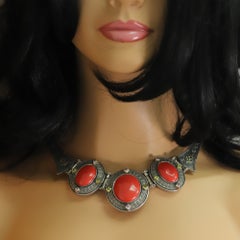 Coral Necklace Gothic style and Bracelet Set Vintage Red stones Sterling Silver